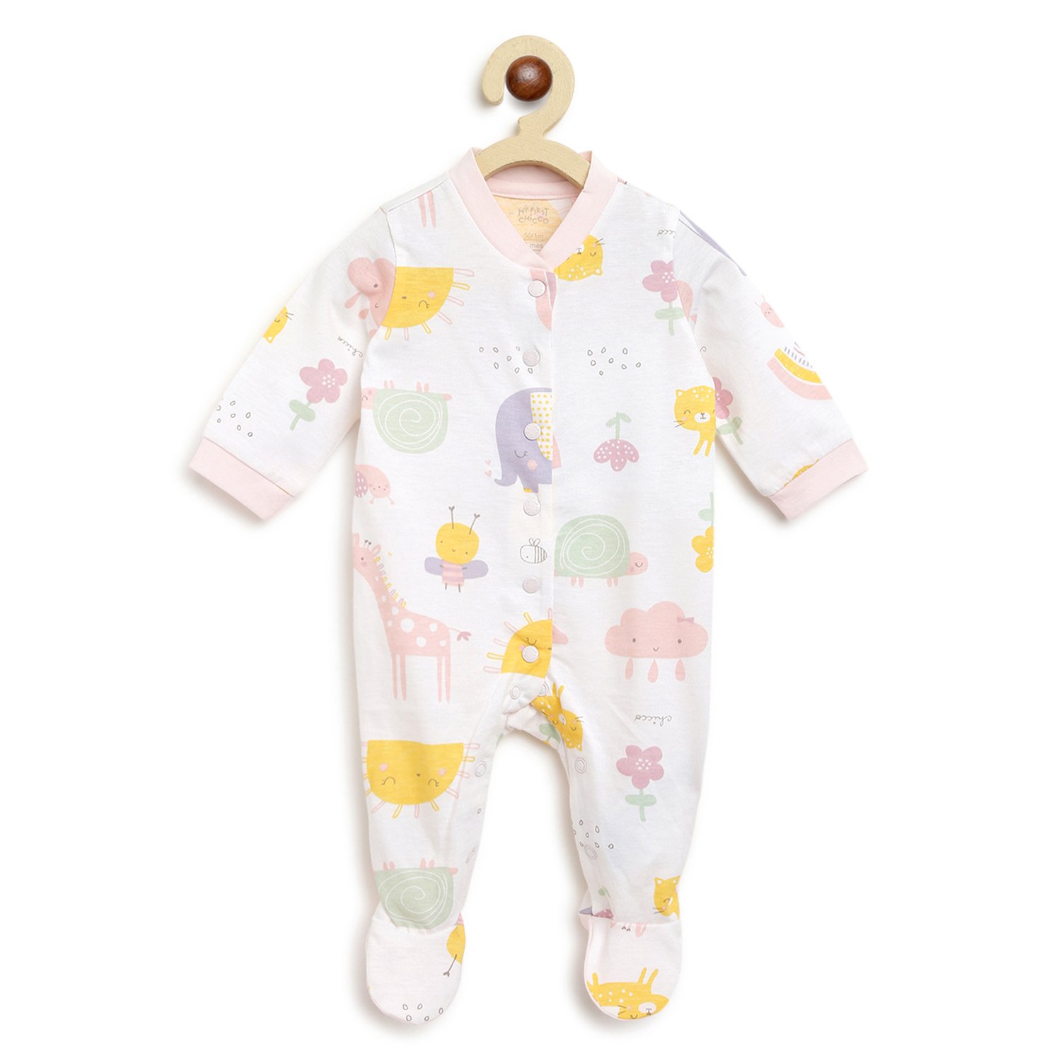 Infant Pink Printed Front Opening Babysuit-Pink